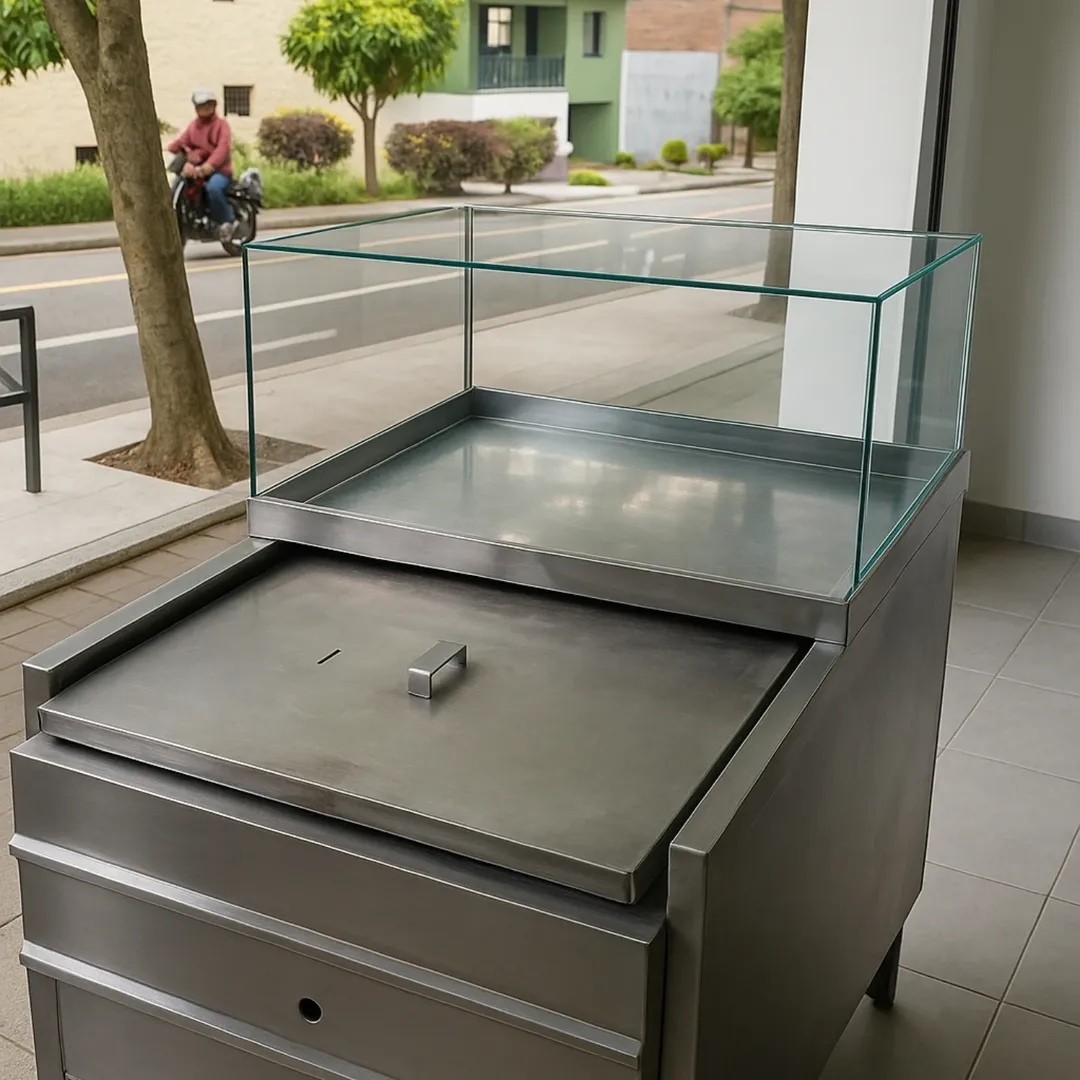 Glass display case on a stainless steel cart