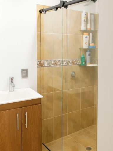 Modern bathroom shower with glass door and shelf